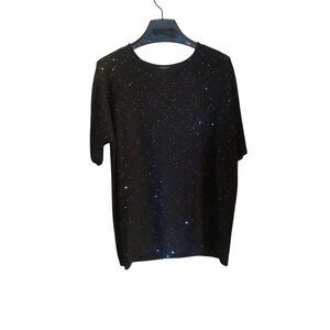 🎉HP🎉Eileen Fisher Black Wool, Short Sleeve Top w/Tiny Silver Sequins, Large, EUC